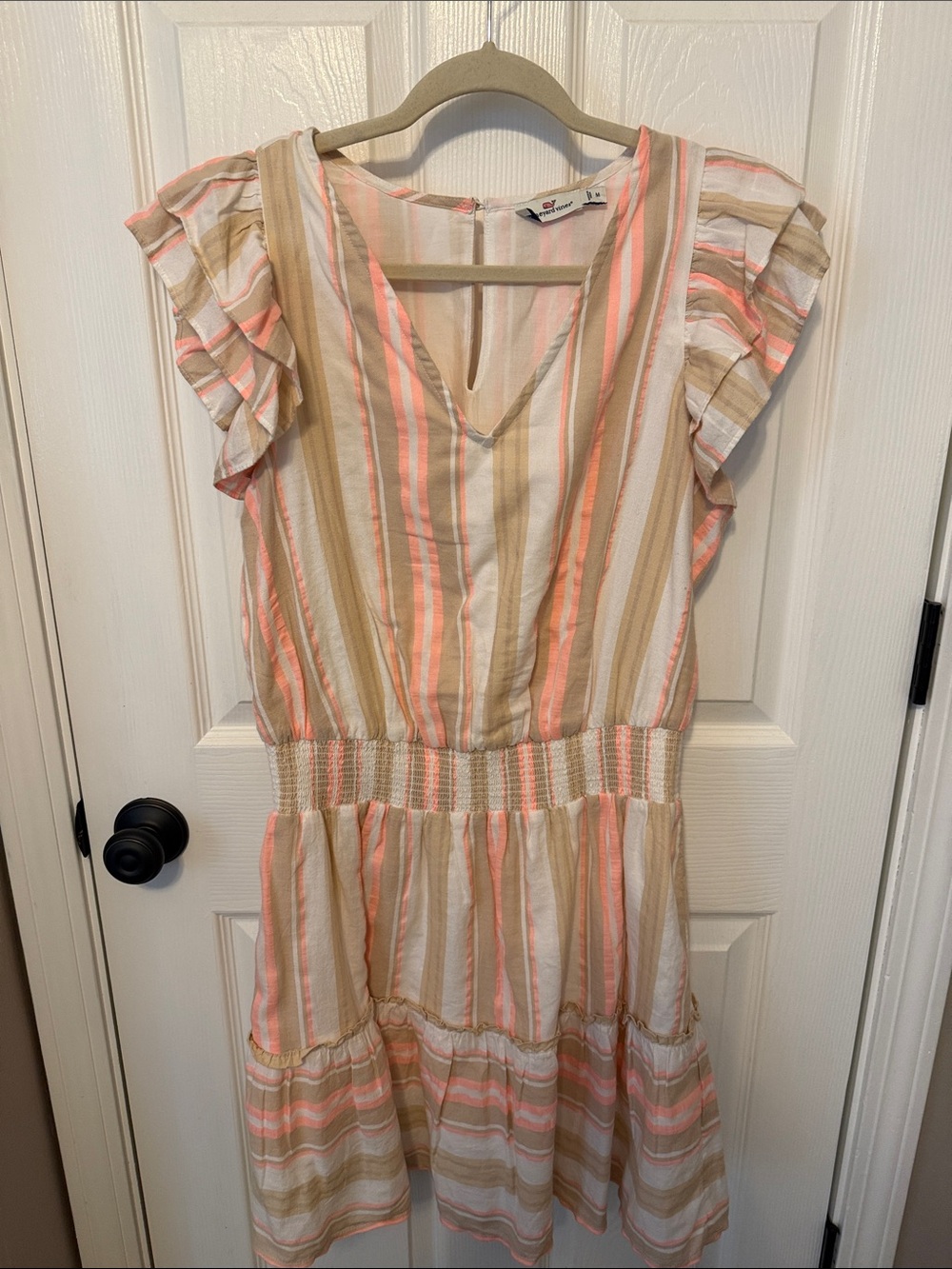 Striped Flutter Sleeve Summer Dress in Coral & Tan Vineyard Vines Women’s